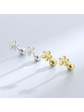 Girl Five Petal Small Flowers Beads Back 925 Sterling Silver Stud Earrings