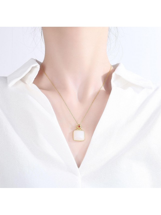 Elegant Geometry Natural Nephrite Square 925 Sterling Silver Necklace