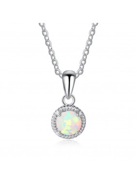 Simple Round Created Opal CZ 925 Silver Necklace