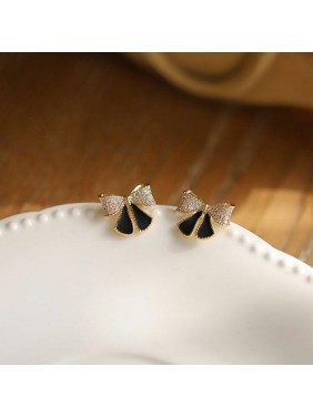 Classic Black CZ Bow-Knot 925 Sterling Silver Stud Earrings