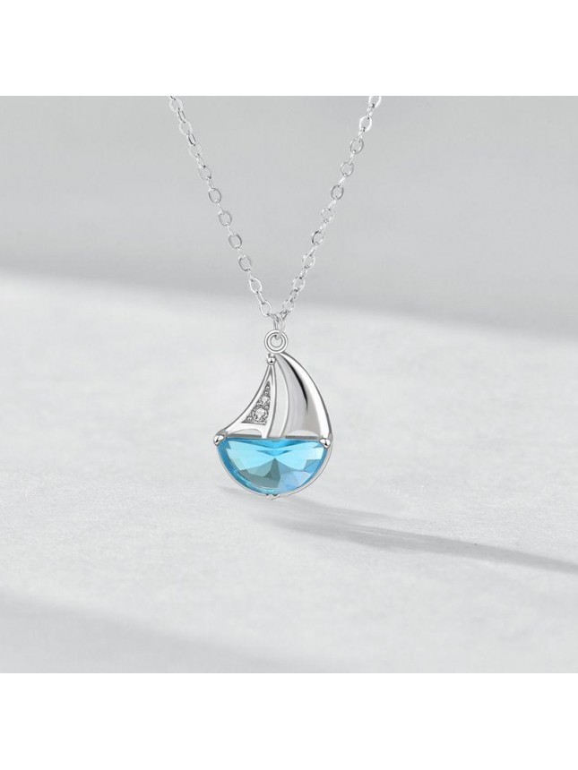 Casual Blue CZ Sailboat 925 Sterling Silver Necklace