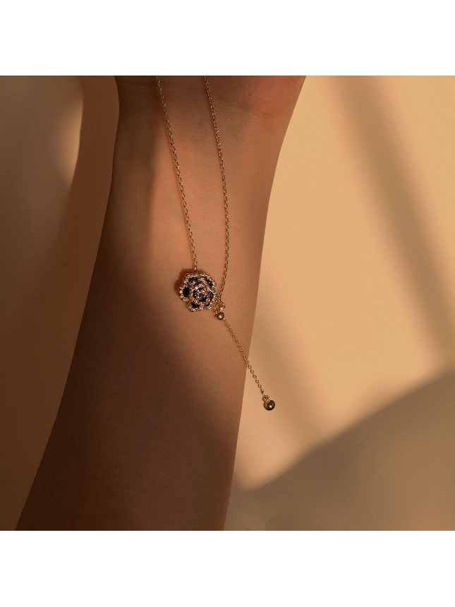 Beautiful CZ Black Camellia Tassel 925 Sterling Silver Necklace