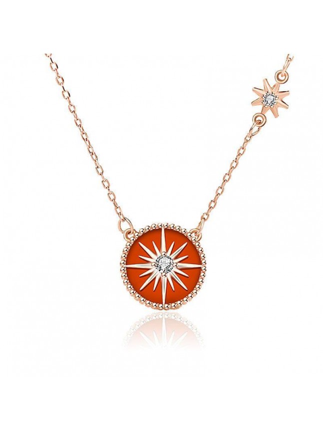 Fashion Red Natural Agate CZ Compass 925 Sterling Silver Necklace