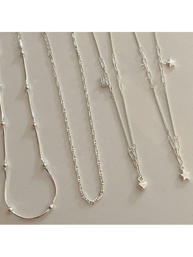 Simple Beads Pig Nose Flat Marina Curb Heart Chain 925 Sterling Silver Necklace