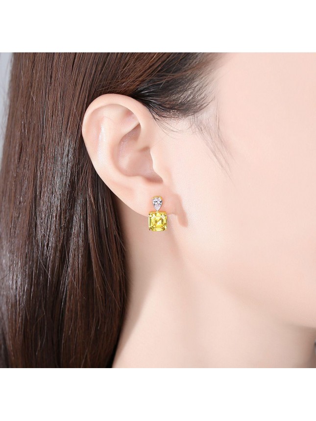 Elegant Yellow CZ Radiant Geometry 925 Sterling Silver Stud Earrings