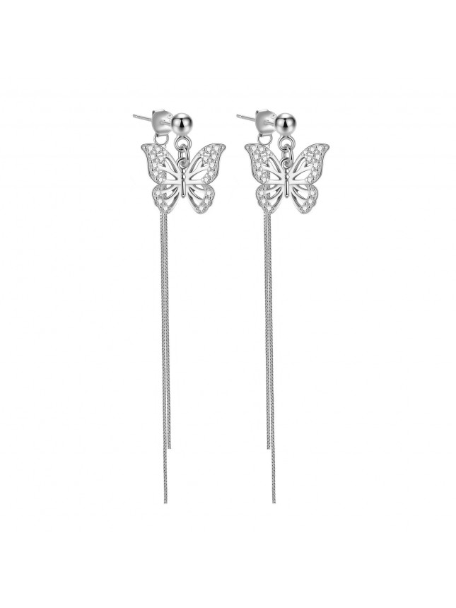 Elegant Hollow CZ Butterfly Tassels 925 Sterling Silver Dangling Earrings