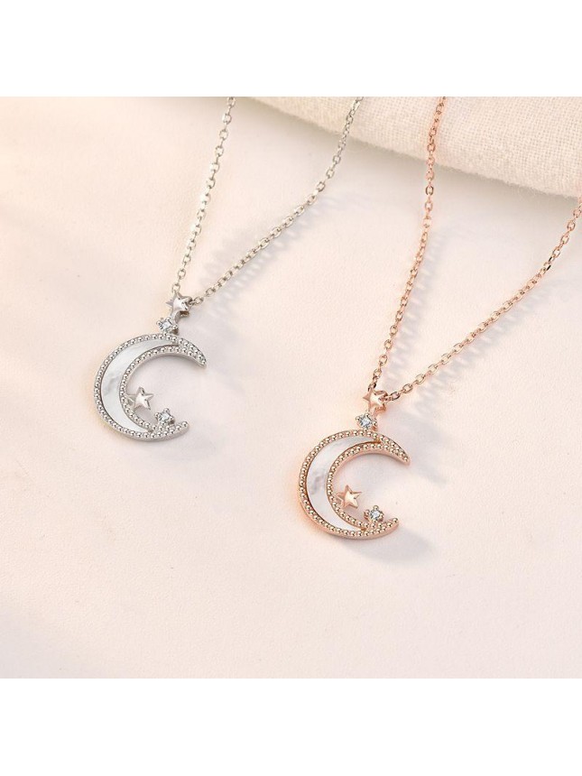 Classic Mother of Shell Crescent Moon Star 925 Sterling Silver Necklace