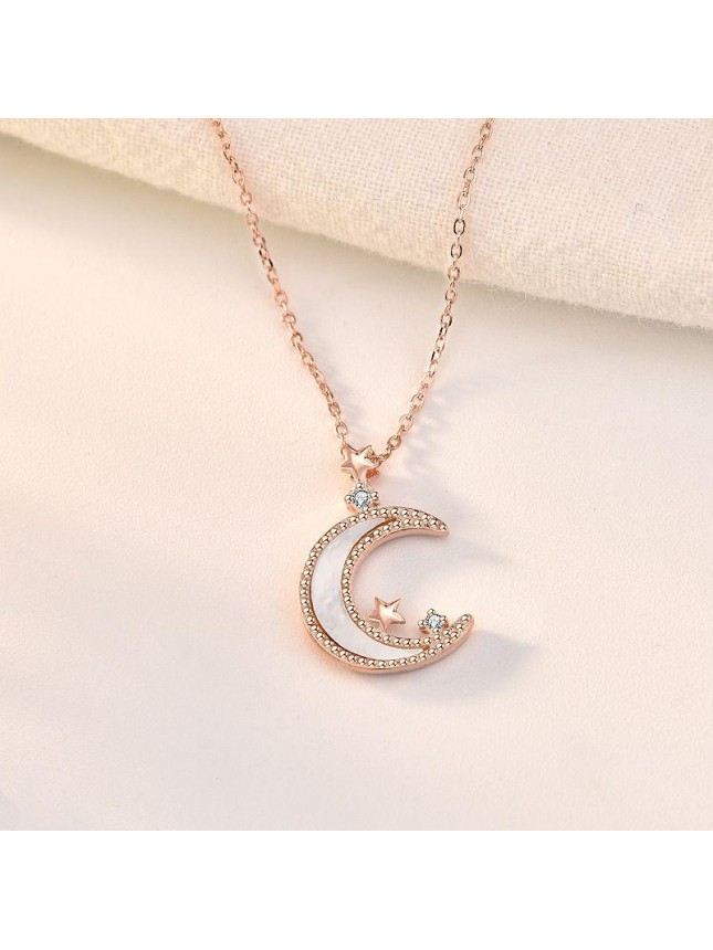 Classic Mother of Shell Crescent Moon Star 925 Sterling Silver Necklace