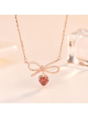 Friend's Red CZ Heart Bow-Knot 925 Sterling Silver Necklace
