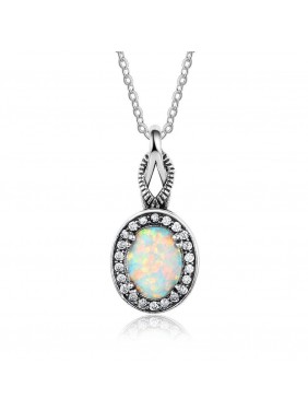 Oval Created Opal CZ 925 Sterling Silver Necklace