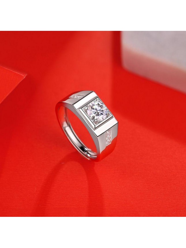 Men's Square Moissanite CZ Geometry 925 Sterling Silver Adjustable Ring