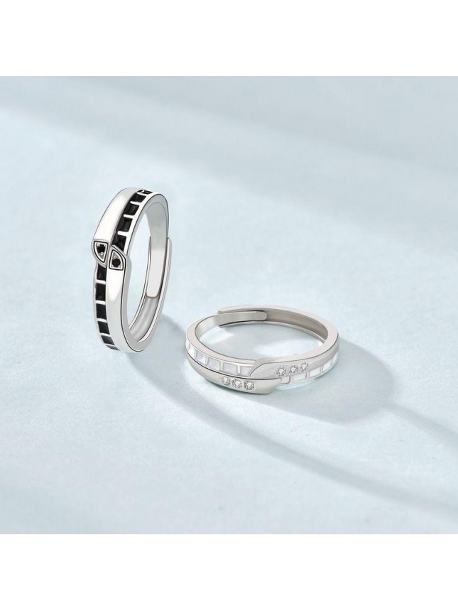 Gift White Black CZ Belt 925 Sterling Silver Adjustable Promise Ring