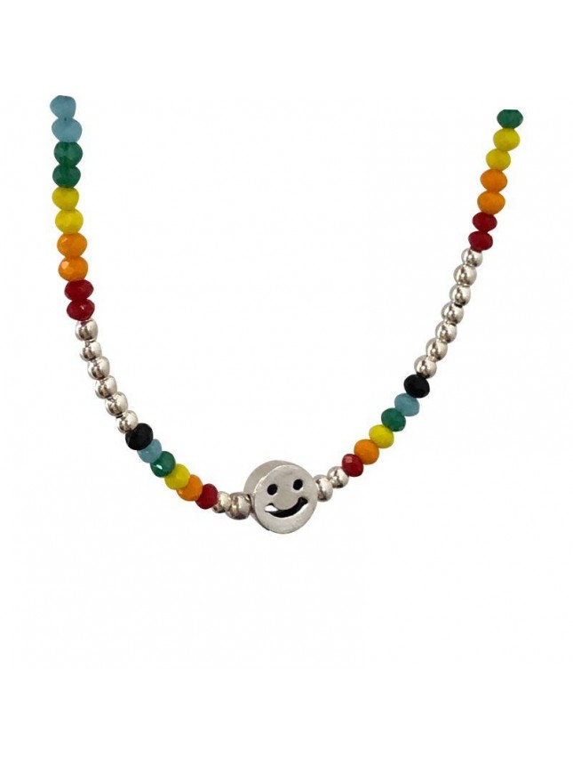 Rainbow Colordul Beads Smile 925 Sterling Silver Necklace