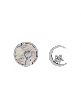 Asymmetric Cat CZ Star Crescent Moon 925 Sterling Silver Stud Earrings