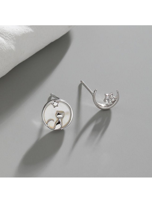 Asymmetric Cat CZ Star Crescent Moon 925 Sterling Silver Stud Earrings