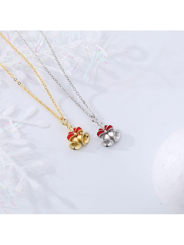 Christmas Gift Red Bow-Knot Bells 925 Sterling Silver Pendant Chain Necklace