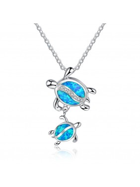 Mother And Child Tortoise Created Opal 925 Silver Necklace