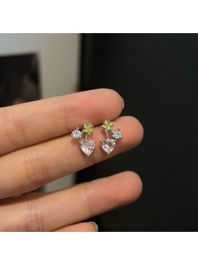 Sweet Pink CZ Heart Leaf Cherry 925 Sterling Silver Stud Earrings