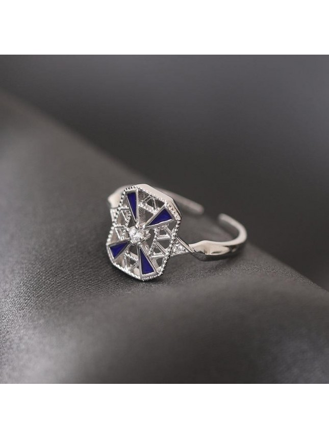Fashion Hollow Geometry CZ 925 Sterling Silver Adjustable Ring