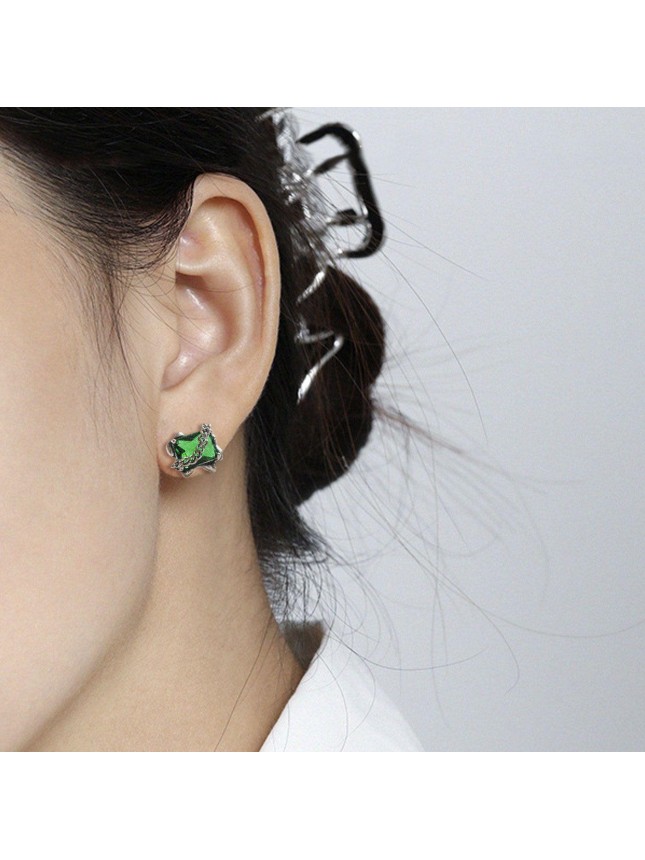 Vintage Green Gelegant Geometry Rectangle Hollow Chain 925 Sterling Silver Stud Earrings