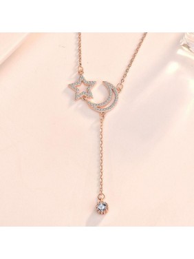 Friend's CZ Hollow Crescent Moon Star Tassels 925 Sterling Silver Necklace