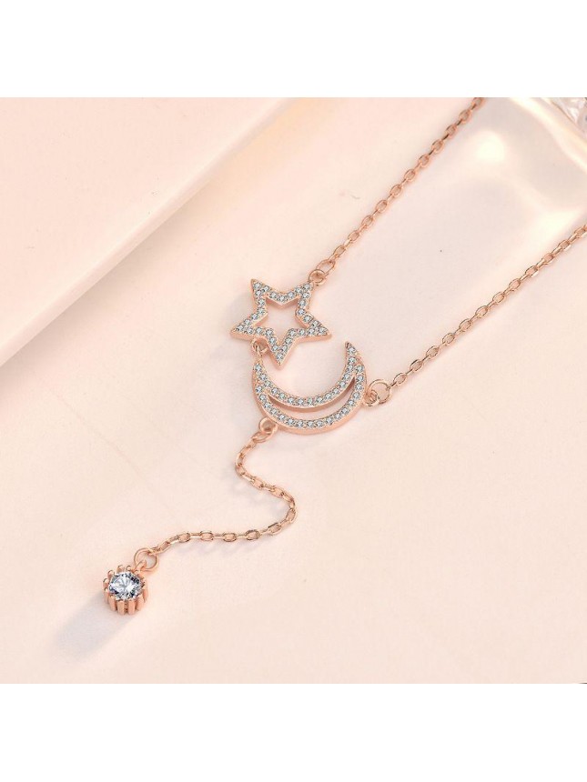 Friend's CZ Hollow Crescent Moon Star Tassels 925 Sterling Silver Necklace