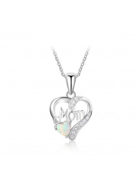 Heart Mom White Created Opal 925 Sterling Silver CZ Necklace