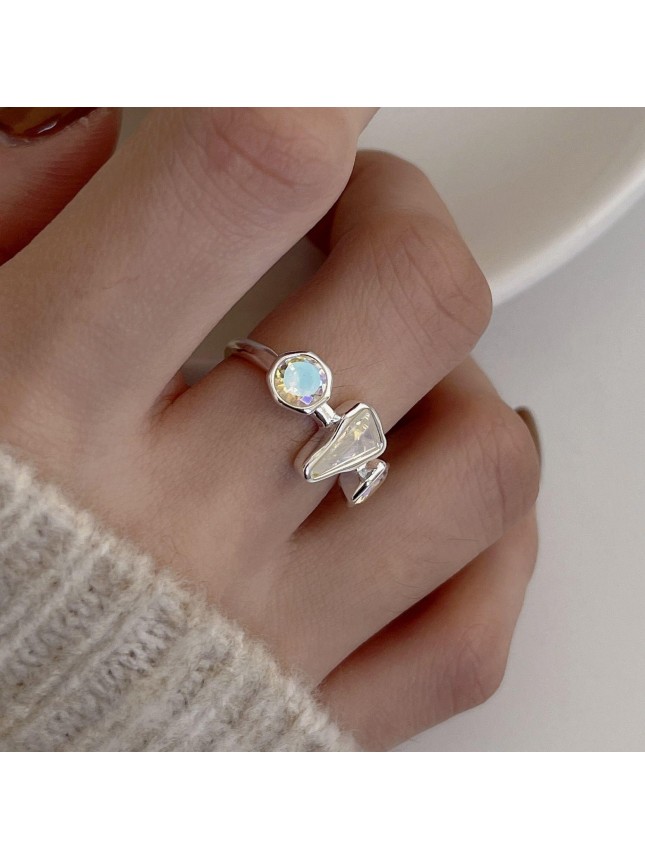 Fashion Geometry Rectangle Round CZ 925 Sterling Silver Adjustable Ring