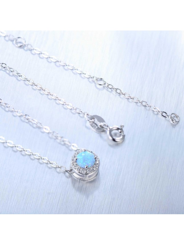 Simple Round Blue Created Opal 925 Sterling Silver CZ Necklace