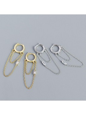 Elegant CZ Double Tassels 925 Sterling Silver Hoop Earrings