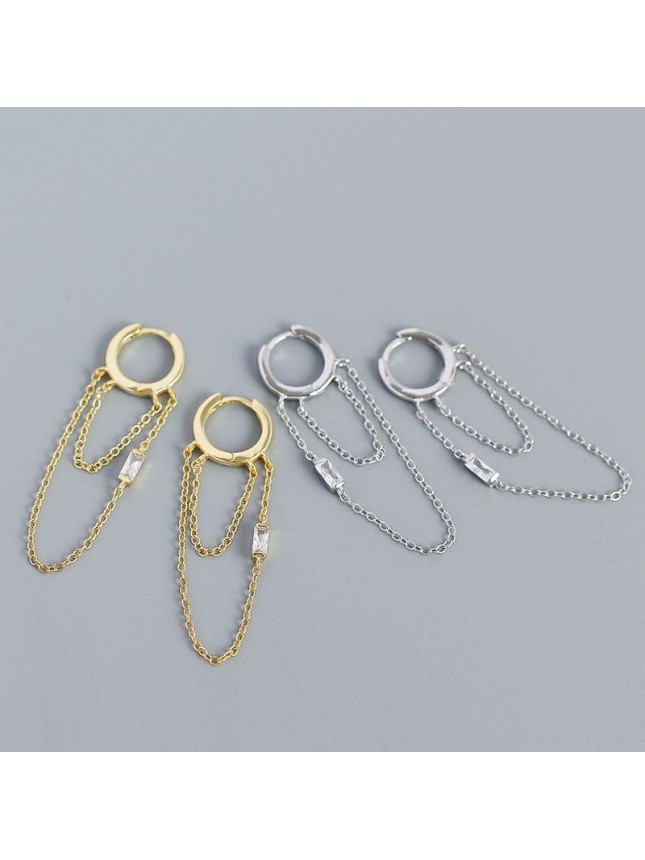 Elegant CZ Double Tassels 925 Sterling Silver Hoop Earrings