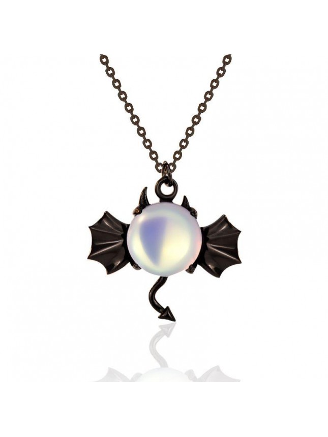 Holiday Natural Moonstone Black Bat 925 Sterling Silver Necklace